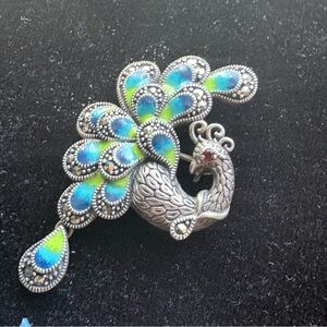 Vintage Art Deco Sterling Silver Peacock Lapel Pin With Ruby Eye